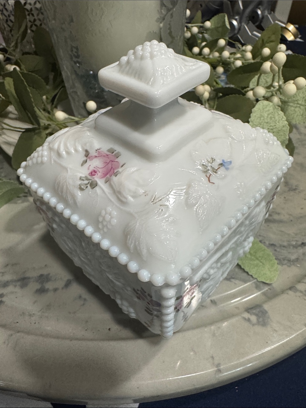 Westmoreland White Milk Glass Covered Candy Dish with Pink Rose Accents